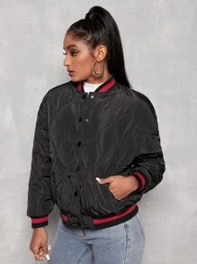 Letter Patch Detail Striped Trim Onion Quilted Bomber Jacket - Black - View 4
