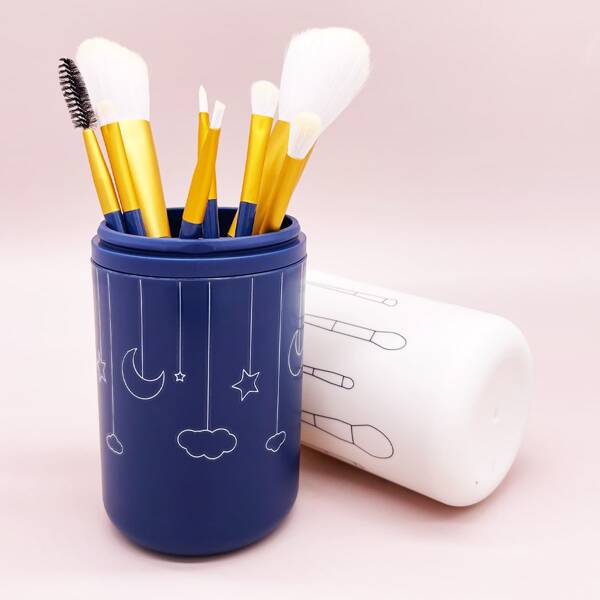 

8pcs Makeup Brush Set With Bucket, Blue