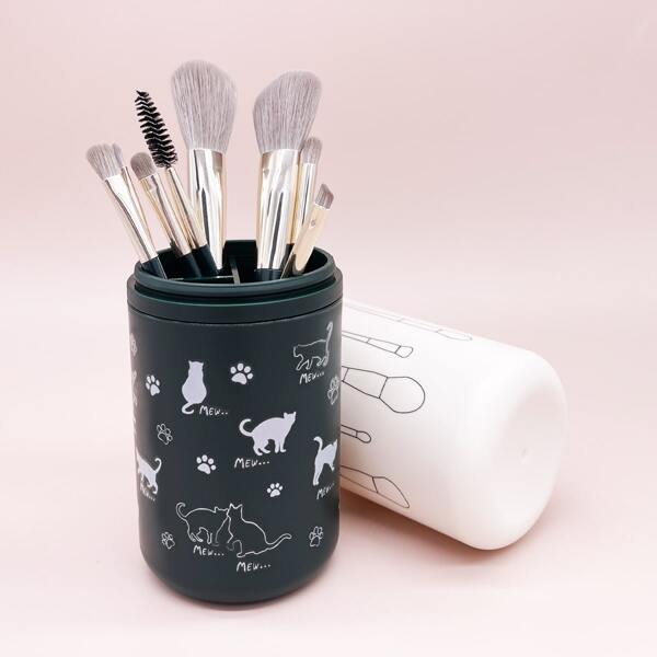 

8pcs Makeup Brush Set With Bucket, Dark green