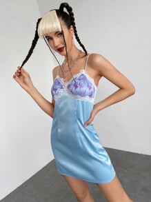 SHEIN ICON Lace Insert Satin Cami Dress - Baby Blue - View 4