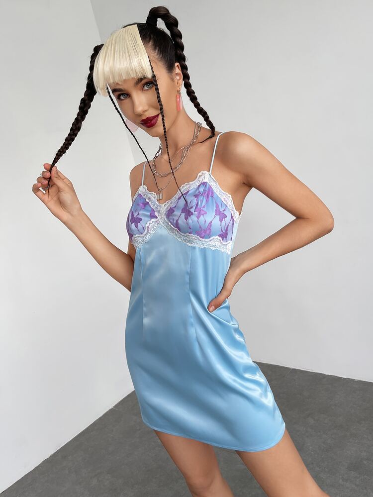 SHEIN ICON Lace Insert Satin Cami Dress - Baby Blue - View 4