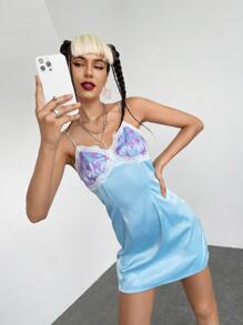 SHEIN ICON Lace Insert Satin Cami Dress - Baby Blue - View 5
