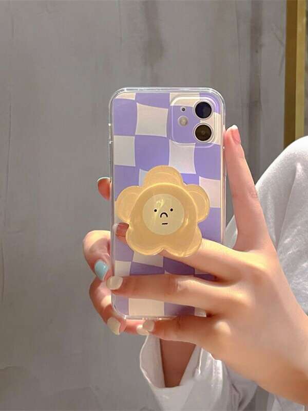 チェック柄 スマホケース 花スタンドアウト携帯グリップ付き