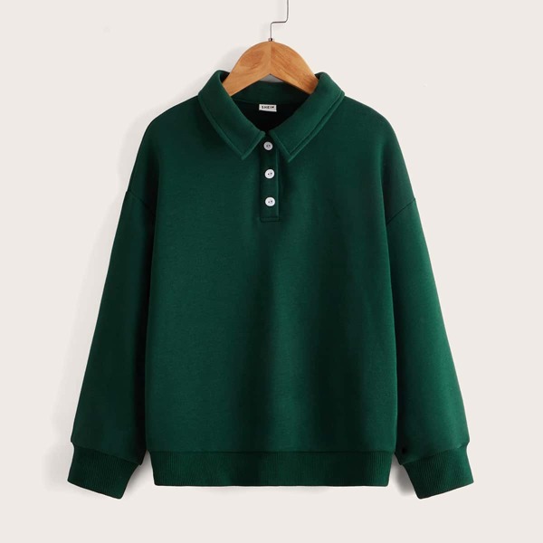 

Girls Drop Shoulder Half Button Sweatshirt, Dark green