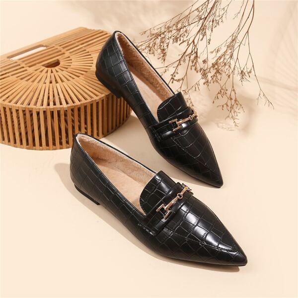 

Crocodile Embossed Horsebit Decor Loafers, Black