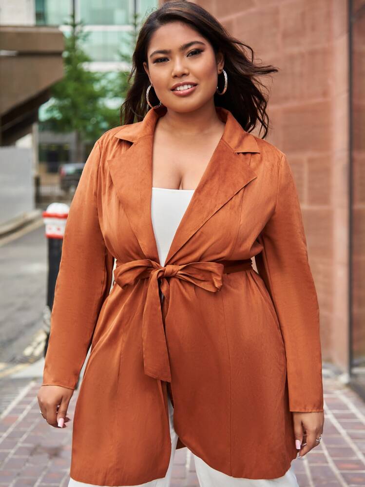 SHEIN Essnce Plus Lapel Collar Open Front Belted Suedette Coat - Brown - View 1