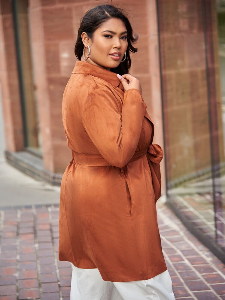 SHEIN Essnce Plus Lapel Collar Open Front Belted Suedette Coat - Brown - View 2