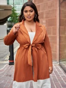 SHEIN Essnce Plus Lapel Collar Open Front Belted Suedette Coat - Brown - View 4