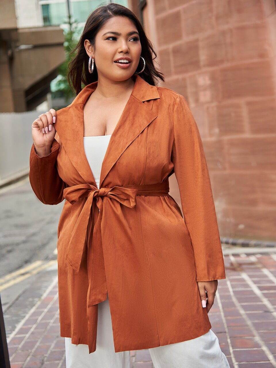 Plus Lapel Collar Open Front Belted Suedette Coat Fall/Winter
