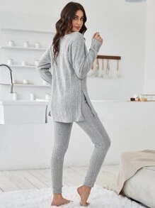 Drop Shoulder Split Hem Tee & Pants Lounge Set - Light Grey - View 2