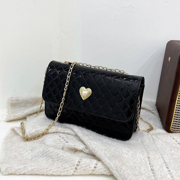 

Quilted Faux Pearl Decor Chain Square Bag, Black