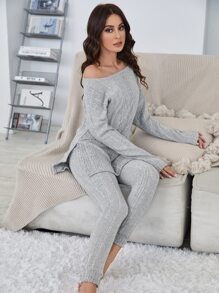 Drop Shoulder Split Hem Tee & Pants Lounge Set - Light Grey - View 1