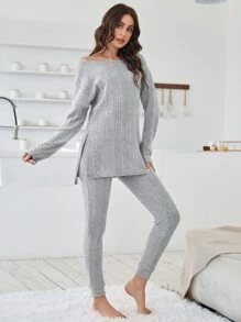 Drop Shoulder Split Hem Tee & Pants Lounge Set - Light Grey - View 3
