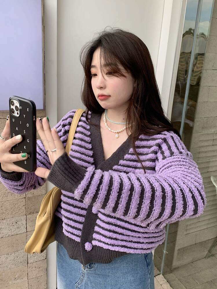 Cardigan Bergaris Kontras dengan Bahu Jatuh dan Detail Beludru - Lilac Purple - View 1
