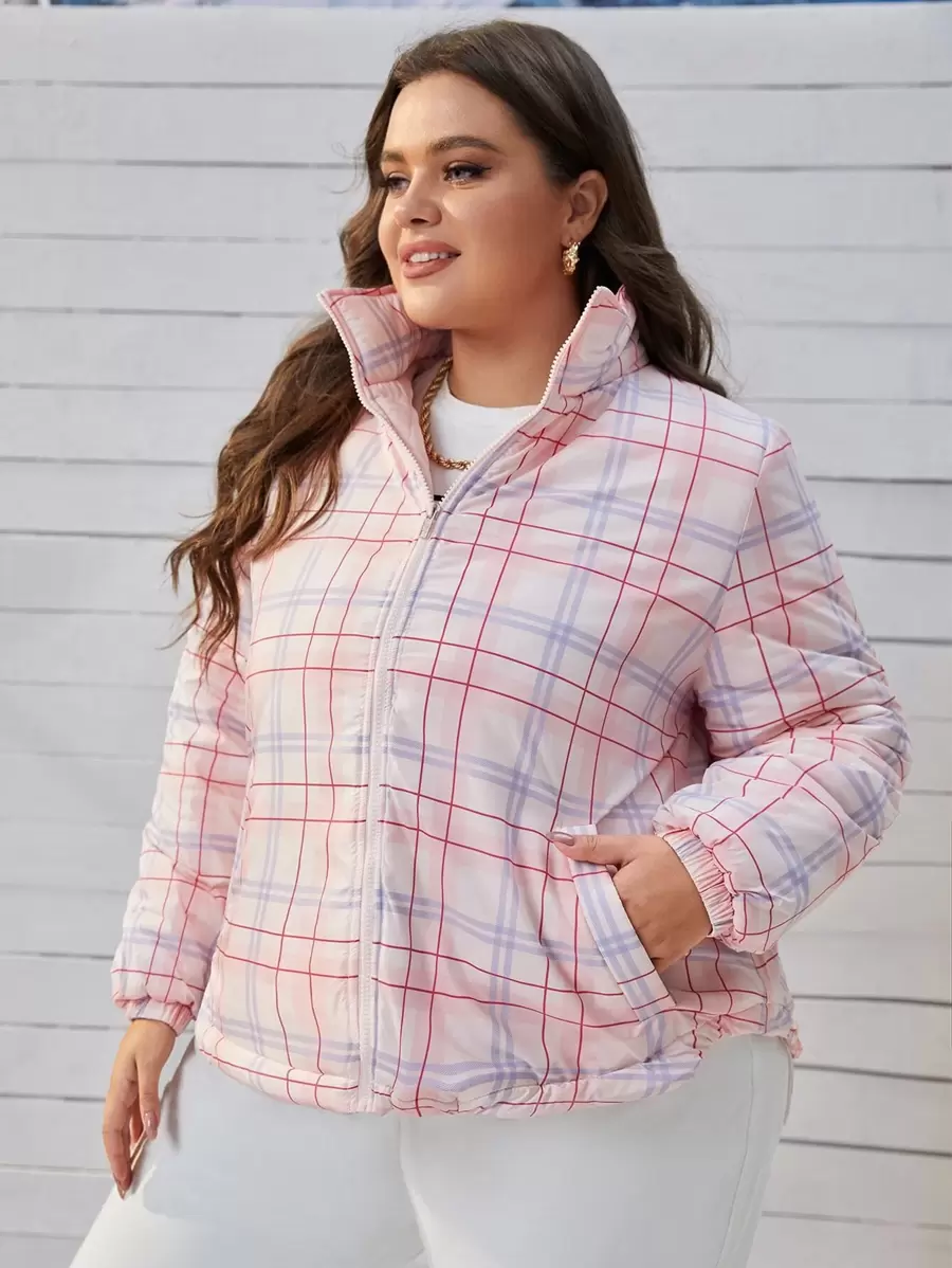 SHEIN EZwear Áo khoác đệm kẻ caro có khóa kéo cỡ lớn - Nhiều màu - Xem 1