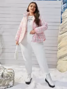 SHEIN EZwear Áo khoác đệm kẻ caro có khóa kéo cỡ lớn - Nhiều màu - Xem 3