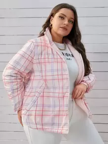 SHEIN EZwear Áo khoác đệm kẻ caro có khóa kéo cỡ lớn - Nhiều màu - Xem 4