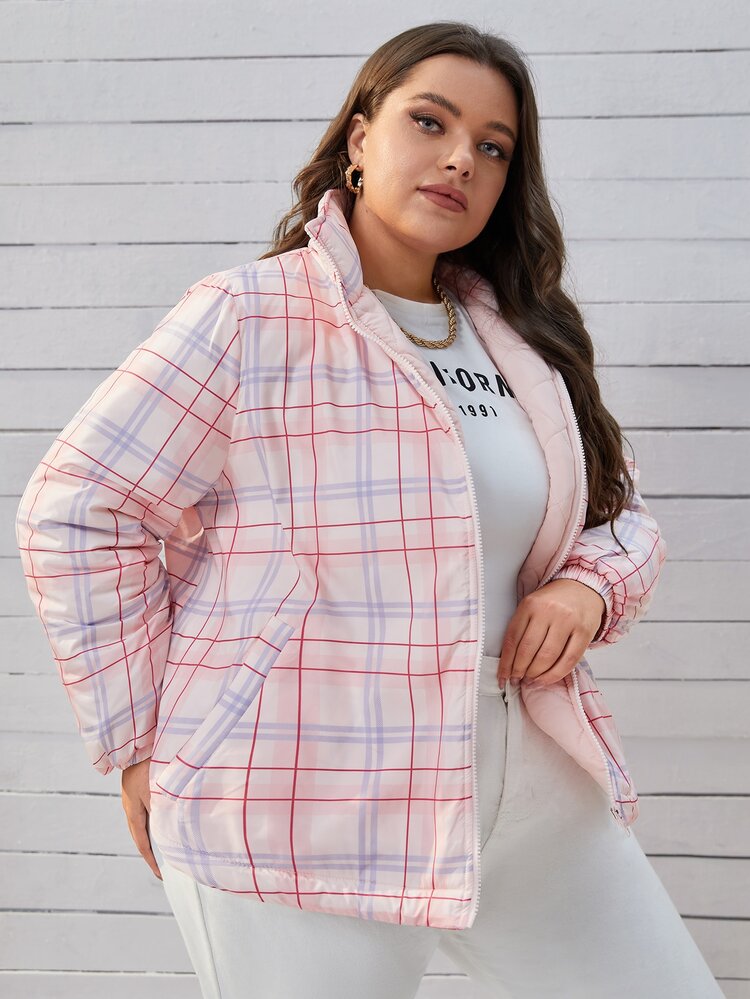 SHEIN EZwear Áo khoác đệm kẻ caro có khóa kéo cỡ lớn - Nhiều màu - Xem 4