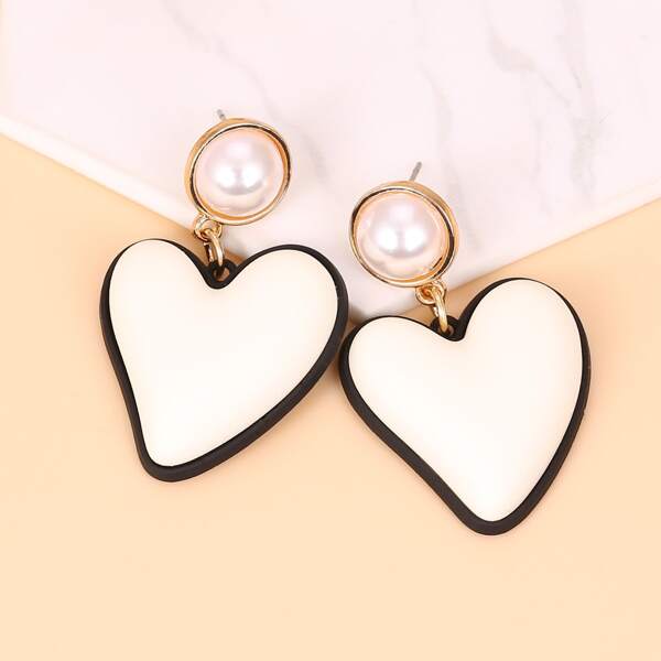 

Heart Charm Drop Earrings, Black and white