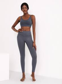 SHEIN Criss Cross Cropped Sports Cami - Dark Grey - View 5