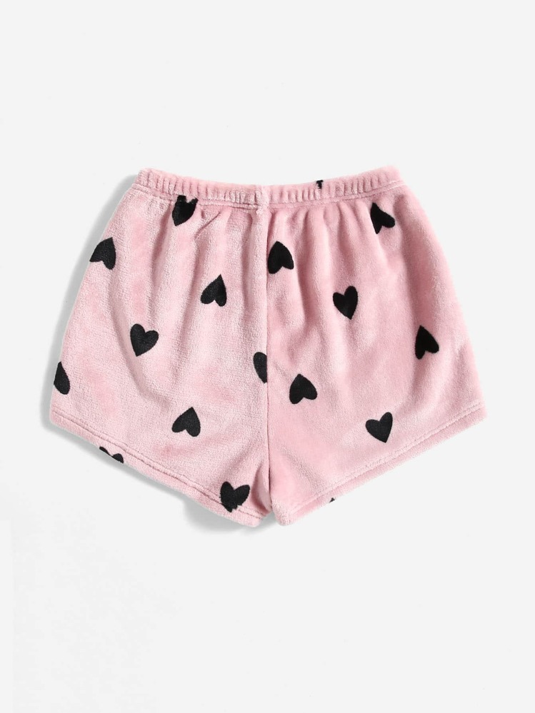 SHEIN 爱心印花法兰绒蓬松睡衣短裤，秋冬季舒适保暖 - 粉色 - 查看 2