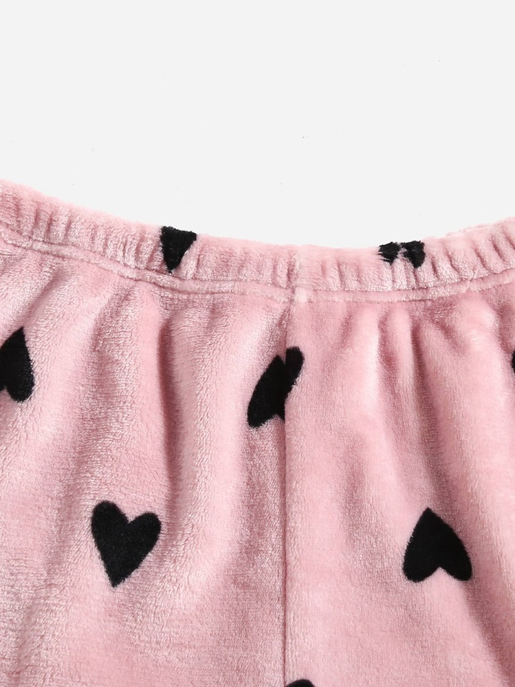 SHEIN 爱心印花法兰绒蓬松睡衣短裤，秋冬季舒适保暖 - 粉色 - 查看 3