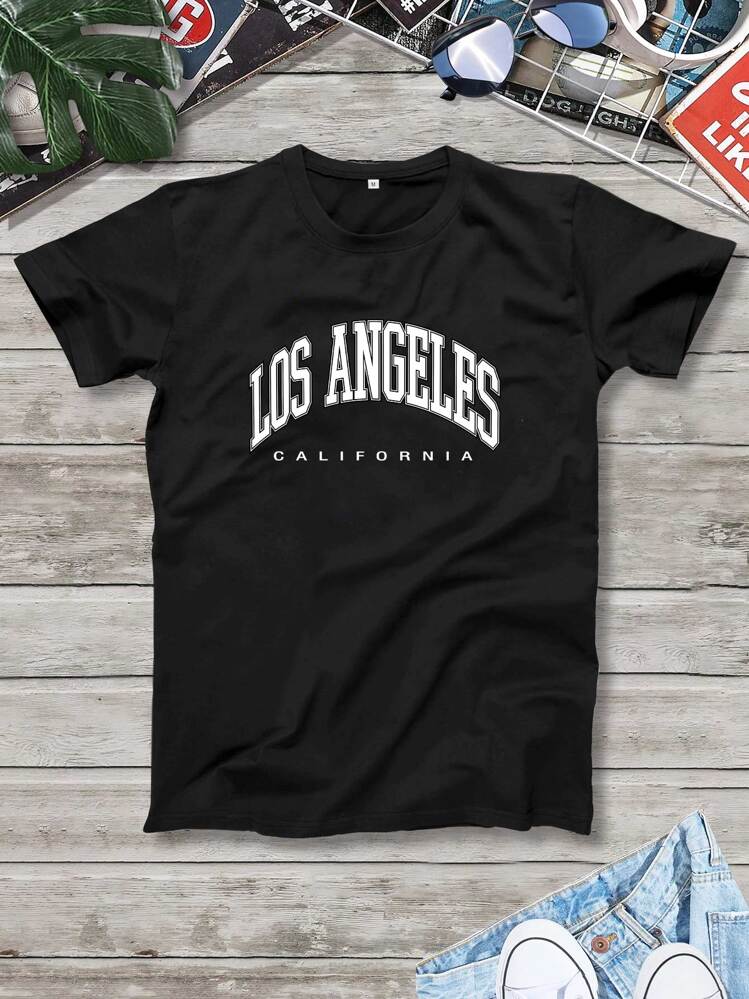 Manfinity Campus Court Men T-Shirts Fit Crew Neck Short Sleeve Graphic Tee Los Angeles Casual Summer Polyester - Black - View 1