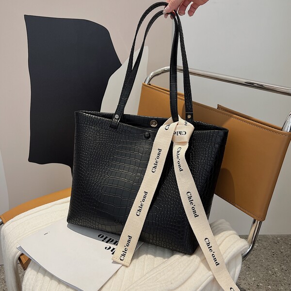 

Crocodile Embossed Shoulder Tote Bag, Black
