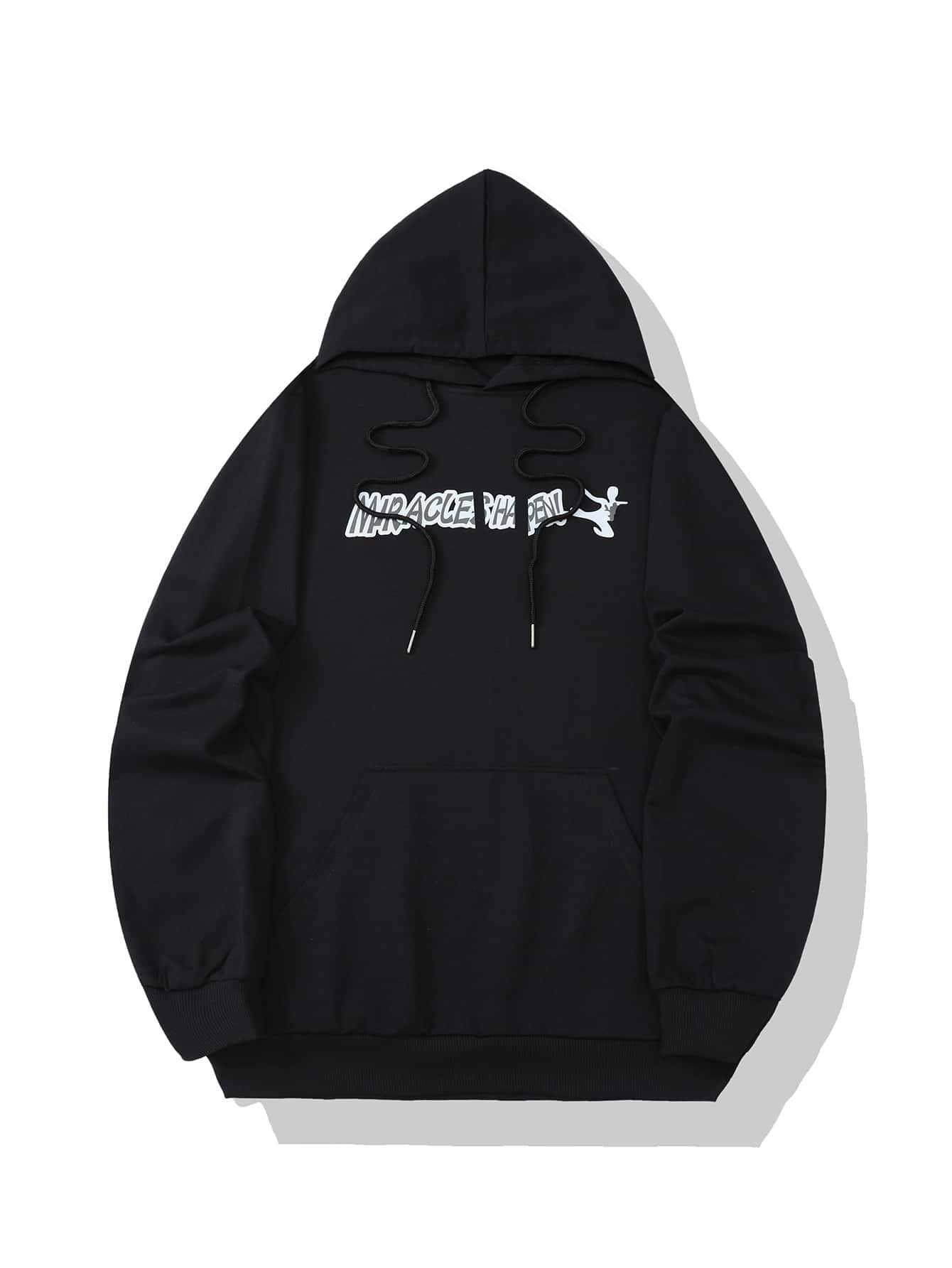 Manfinity Men Letter & Figure Graphic Kangaroo Pocket Drawstring Hoodie - Black - View 1