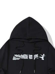 Manfinity Men Letter & Figure Graphic Kangaroo Pocket Drawstring Hoodie - Black - View 4