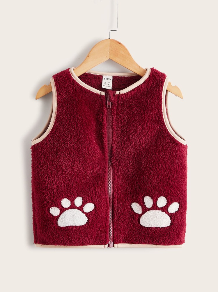 SHEIN Toddler Girl Jackets Đắp vá Dây kéo Tương phản ràng buộc Hoạt hình Dễ thương - Màu Đỏ Sâu - Xem 1