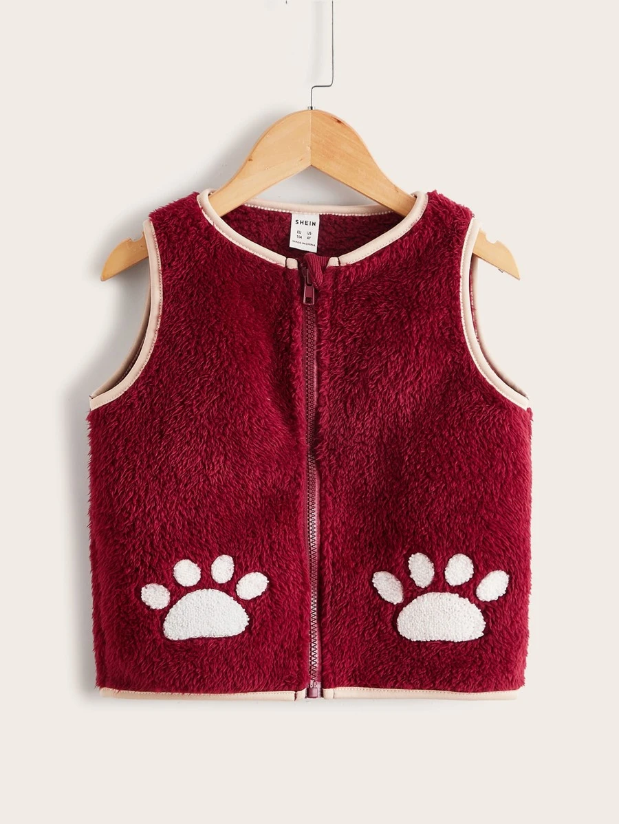 SHEIN Toddler Girl Jackets Đắp vá Dây kéo Tương phản ràng buộc Hoạt hình Dễ thương - Màu Đỏ Sâu - Xem 1