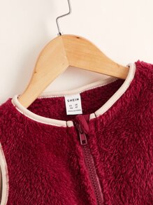 SHEIN Toddler Girl Jackets Đắp vá Dây kéo Tương phản ràng buộc Hoạt hình Dễ thương - Màu Đỏ Sâu - Xem 4