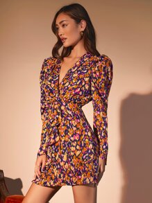 SHEIN Privé Allover Print Ruffle Trim Puff Sleeve Dress - Multicolor - View 5