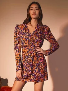 SHEIN Privé Allover Print Ruffle Trim Puff Sleeve Dress - Multicolor - View 6