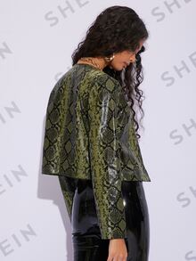 SHEIN Snakeskin Print Open Front PU Leather Jacket - Green - View 2