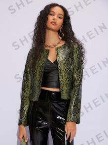 SHEIN Snakeskin Print Open Front PU Leather Jacket - Green - View 3