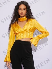 SHEIN BAE 條紋圖案提花鎖脖領口荷葉袖短款緞面襯衫 - 黃色 - 查看 3
