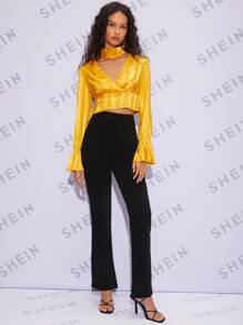 SHEIN BAE 條紋圖案提花鎖脖領口荷葉袖短款緞面襯衫 - 黃色 - 查看 4