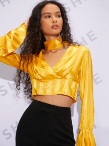 SHEIN BAE 條紋圖案提花鎖脖領口荷葉袖短款緞面襯衫 - 黃色 - 查看 5