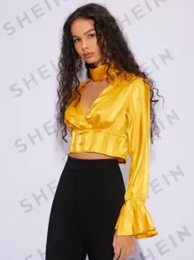 SHEIN BAE 條紋圖案提花鎖脖領口荷葉袖短款緞面襯衫 - 黃色 - 查看 6