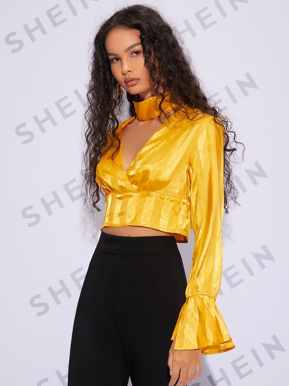 Striped Jacquard Choker Neck Flounce Sleeve Crop Satin Blouse