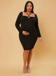SHEIN Maternity Plus Crisscross Drawstring Halter Neck Dress - Black - View 1