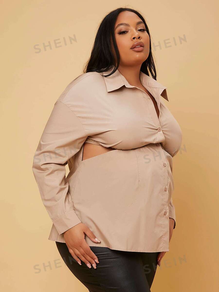 Plussiva Maternidad Talla grande Blusa con botón delantero con abertura - Caqui - Ver 1