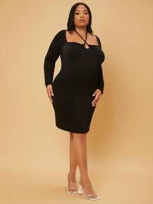 SHEIN Maternity Plus Crisscross Drawstring Halter Neck Dress - Black - View 2