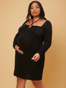 SHEIN Maternity Plus Crisscross Drawstring Halter Neck Dress - Black - View 5