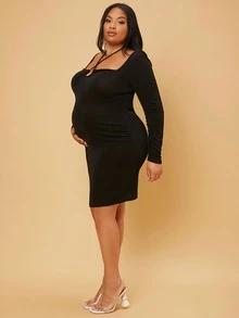 SHEIN Maternity Plus Crisscross Drawstring Halter Neck Dress - Black - View 3