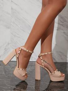 Round Toe Vegan Leather Block Heeled Sandals - Dusty Pink - View 3
