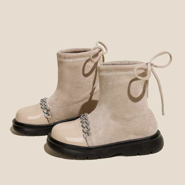 

Girls Rhinestone Decor Tie Back Design Boots, Apricot