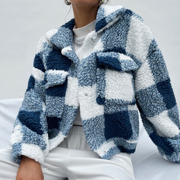 

Buffalo Plaid Pattern Flap Pocket Fleece Jacket, Blue and white